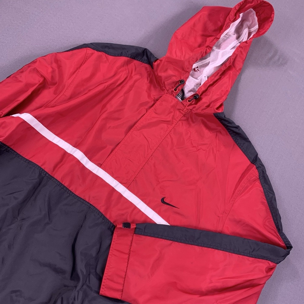 Vintage‎ Nike Jacket Mens 2XL Red Black Anorak Windbreaker Hooded Swoosh 90s